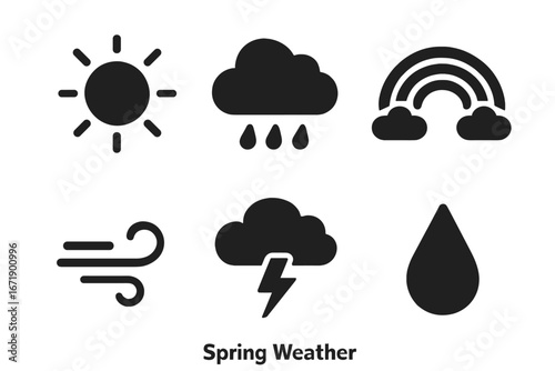 Spring Weather Icons Collection. Solid Filled Vector Set Featuring Sun, Rain Cloud, Rainbow, Wind Gust, Thunderstorm, Raindrop Symbols. Seasonal Weather Forecast Illustrations for Spring Concepts