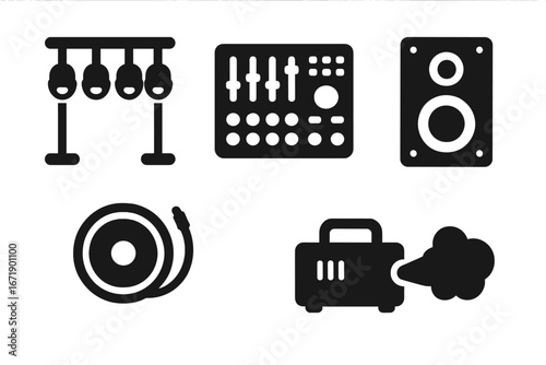 Stage Equipment Icons Set. Solid Vector Illustation of Lighting Rig, Audio Mixer, Speaker, Cable Reel, Fog Machine. Concert, Event, Live Performance, Sound and Lighting Gear, Production Symbols