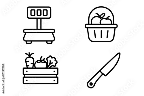 Produce icons set. Outline grocery store symbols. Vector illustration of weight scale, fruit basket, vegetable crate, knife. Healthy food, farmers market, shopping concepts.