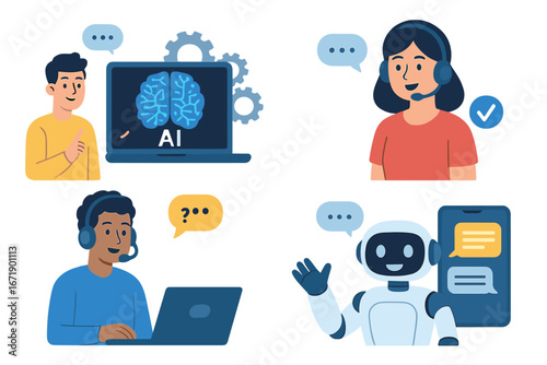 AI customer service and chatbot concept. Human support operator with headset and robot assistant. Artificial intelligence technology for online help desk and client interaction.