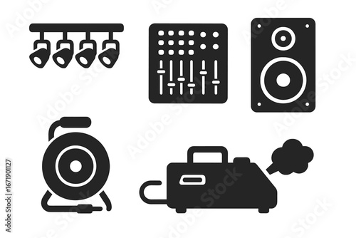 Solid Stage Equipment Icon Set. Vector Show Lighting Rig, Audio Mixer, Speaker, Cable Reel, Smoke Machine. Concert Party Event Technology Symbols for Professional Sound and Light Design