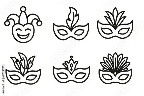 Festival and carnival mask icon set. Unique line style collection for celebrations like masquerade or party. Vector cartoon illustration of jester and feather masks.