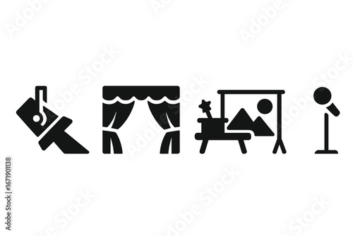 Solid Stage Icon Set Theater Performance Elements. Vector Icons Spotlight, Stage Curtains, Props Table, Backdrop, Microphone Stand. Drama Production Equipment, Concert Decor, Stagecraft Tools