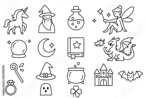 Fantasy magic line icon set. Vector collection of mystical creatures and enchanted items. Unicorn, dragon, wizard, fairy, potion, cauldron, spellbook for RPG and fairytales.