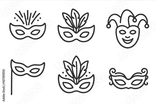 Carnival mask line icon set. Masquerade, festival, and celebration symbols. Vector outline collection of Mardi Gras, Venetian, and theater masks. Jester and feather icons.