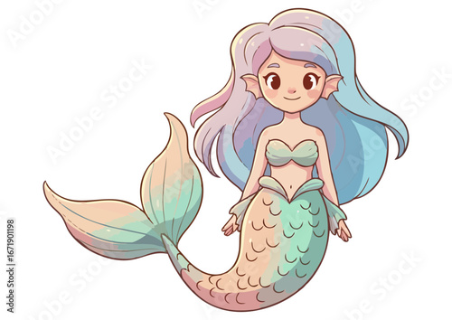 Cute mermaid girl swimming with colorful tail and bubbles