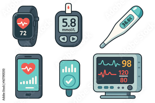 Medical technology icon set. Digital health monitoring devices. Smartwatch, glucometer, thermometer, vital signs monitor. Telemedicine & healthcare vector illustration concept.