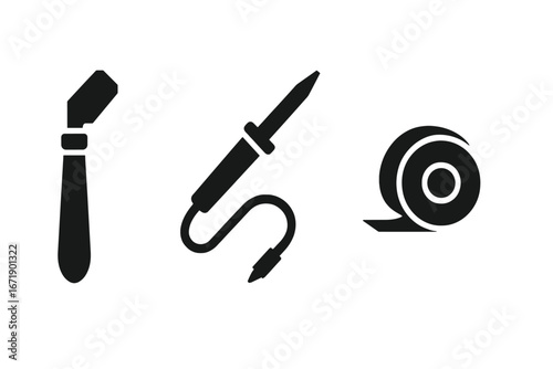 Solid filled stained glass tools icon set. Glass cutter, soldering iron, copper foil tape. Stained glass making equipment vector illustration. Craft supplies for stained glass artists and hobbyists