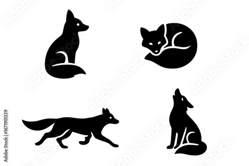 Wild fox silhouette vector icons set. Solid filled symbols of wild fox in sitting, curled, running, stalking, and howling poses. Wildlife animal logo collection for stock vector illustration.