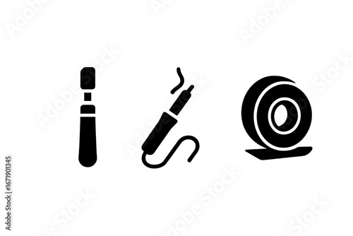 Stained Glass Tools Vector Icons Set. Solid Filled Symbols of Glass Cutter, Soldering Iron, Copper Foil. Stained Glass Craft Equipment, Artisan Supplies, Mosaic Workshop Materials, DIY Art Design