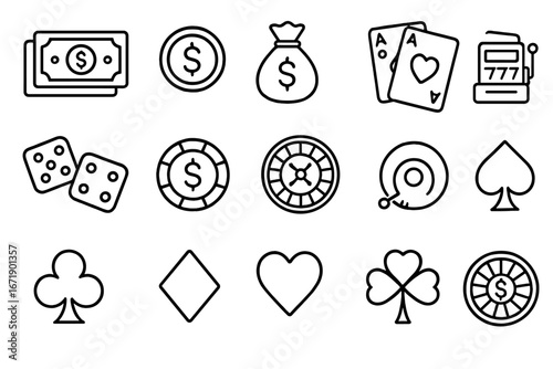Casino and finance line icon set. Gambling and money linear pictograms. Vector symbols collection of betting, poker, slot machine, roulette, dice, cards, jackpot and wealth.