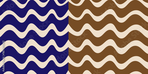 Retro seamless pattern with funky design. Vertical wavy blue and cream wavy lines.
