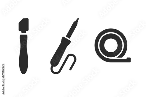Stained glass tools icons vector set. Solid filled symbols of glass cutter, soldering iron, copper foil tape for crafts. Professional stained glass making equipment tools collection illustration