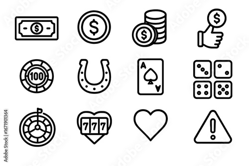 Finance and casino outline icon set. Money and gambling symbols line collection. Vector illustration of luck, risk, and wealth. Poker, slots, roulette, and dice game elements.
