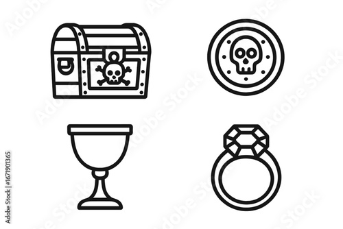 Pirate treasure icons. Outline icon set of pirate loot items. Vector graphics of a treasure chest, gold doubloon, silver goblet, and a diamond ring. Adventure game assets.