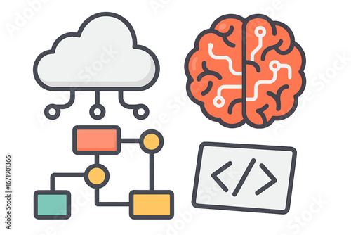 Technology icons set. Cloud computing storage. AI brain for machine learning. Algorithm flowchart diagram. Coding symbol for software development. Data science vector illustration.