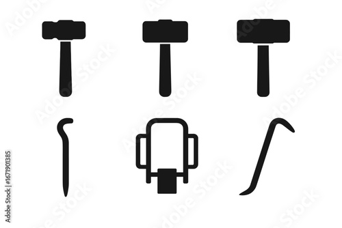 Solid vector icon set of stake driving tools including hammer, mallet, sledgehammer, stake puller, post driver, crowbar. Silhouette black pictograms for construction or landscaping equipment
