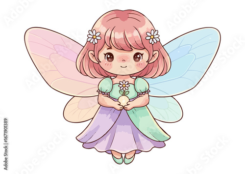 Cute fairy girl holding a flower with colorful wings