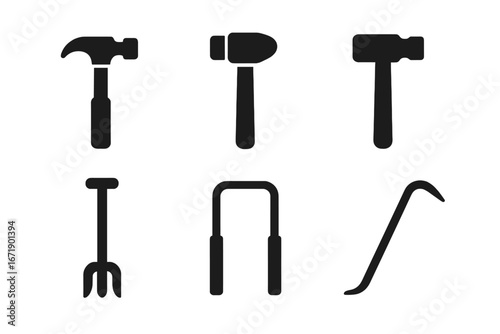 Solid Vector Icon Set of Stake Driving Tools, Hammer, Mallet, Sledgehammer, Post Driver, Stake Puller, Crowbar, Construction Equipment, Heavy Duty Hand Tools, Industrial Toolkit Illustration