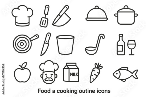 Food and cooking outline icon set. Culinary and kitchen vector collection. Chef hat, pan, knife, pot, fish, milk, wine, carrot. Gastronomy and restaurant symbols.