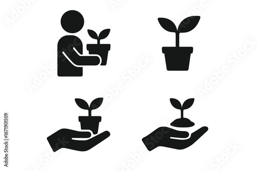 Plant care icon set. Growth concept vector. Person and hand holding a potted plant. New life, sapling, sprout. Gardening, environment, eco symbol. Business startup metaphor.