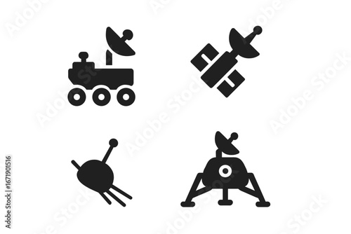 Space exploration icon set. Solid glyphs of planetary rover, satellite, space probe, and lander. Vector symbols for astronomy, science, and technology discovery missions.