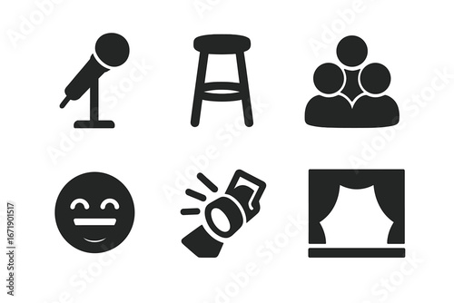 Stand-up comedy icons set. Solid vector symbols of comedy microphone, stool, stage spotlight, audience, laughter, performance, entertainment. Isolated black pictograms for club, event, show, venue.