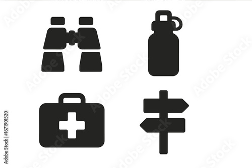 Solid wilderness gear icons set featuring binoculars, water bottle, first aid kit, trail sign for outdoor adventure, hiking, camping, survival, nature exploration vector illustration