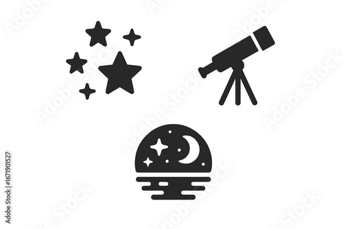 Stargazing Icon Set with Star Cluster Telescope on Tripod by Shore Night Sky Reflection Solid Filled Vector Illustration for Astronomy and Outdoor Exploration