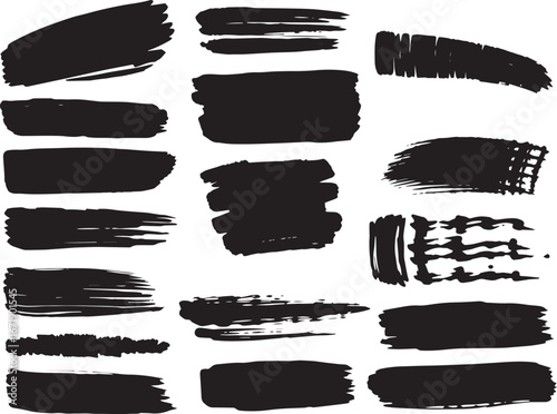 Brush set. Vector black paint brush spots, highlighter lines or felt-tip pen marker. Ink smudge abstract shape stains and smear set with texture 