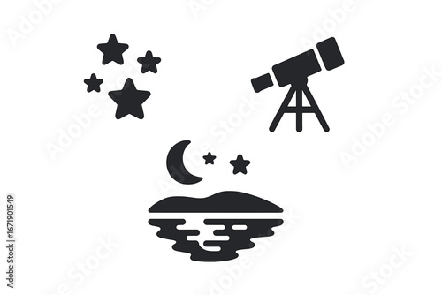 Stargazing Icon Set with Telescope, Star Cluster, Night Sky Reflection, and Shore Elements, Filled Solid Vector Illustrations for Astronomy, Space Exploration, and Nighttime Observation