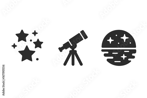 Stargazing icon set with solid filled design featuring star cluster, tripod telescope, night sky reflection, shore view, astronomy symbols, night exploration vector illustration