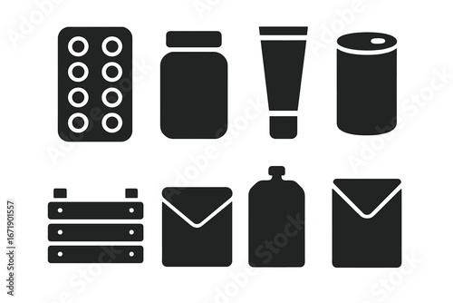 Product packaging icon set. Solid glyph style vector icons of container types. Blister pack, jar, tube, can, pouch, crate, bottle, and envelope for branding and design.