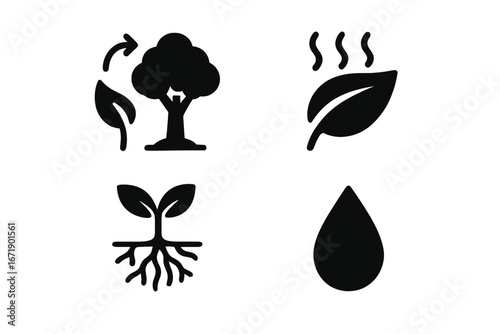 Plant water cycle vector icon set. Solid glyph icons for ecology infographic. Tree, leaf transpiration, root absorption, dew drop. Photosynthesis and nature concept.