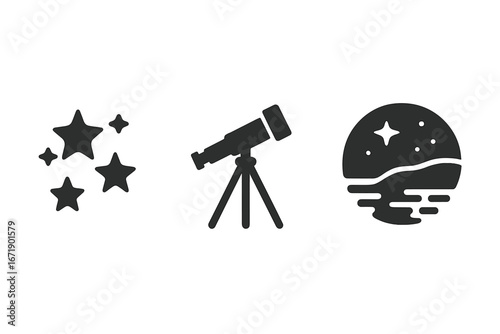 Stargazing icon set with solid filled star cluster, telescope on tripod, night sky reflection by shore, astronomy symbols vector illustration for celestial observation designs
