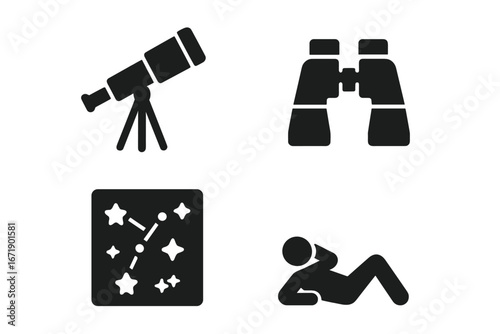 Stargazing tools icon set with solid filled telescope, binoculars, star map, reclining chair, astronomy equipment, night sky observation, celestial navigation vector illustration
