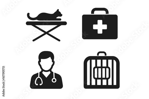 Wildlife icon grid with solid filled icons of wildlife rehabilitation including animal stretcher, first aid box, vet technician, animal cage, rescue and care vector illustration