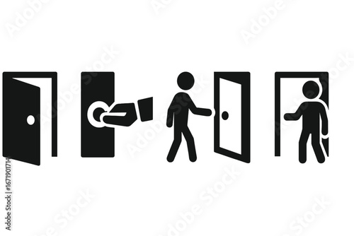 Polite door etiquette icon set. Person holding open a door. Courtesy and good manners concept. Hand on doorknob, entering and exiting pictogram. Solid vector glyph collection.