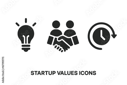 Startup culture values icons set with solid filled symbols including lightbulb idea, teamwork handshake, flexible hours, innovation, collaboration, and productivity vector illustration