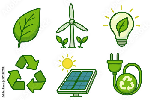 Set of green energy icons. Eco friendly and sustainability concept. Renewable resources illustration. Ecology, recycling, solar panel, wind turbine, and nature symbols.