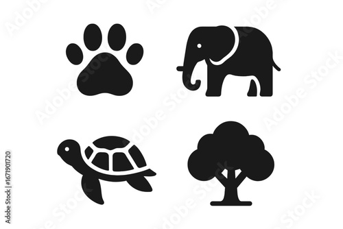 Wildlife Conservation Animal and Nature Icons Collection. Solid Vector Set Featuring Paw Print, Elephant, Turtle, Tree Canopy Silhouette. Endangered Species, Eco Protection, Habitat, Forest, Fauna.
