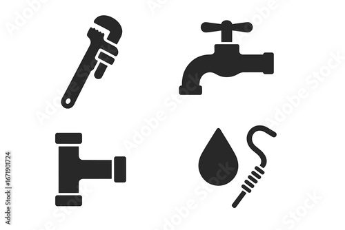 Plumbing tool glyph icon set. Plumber service and repair symbols. Collection of solid vector icons. Pipe wrench, faucet, water tap, pipe joint, drop, and drain snake.