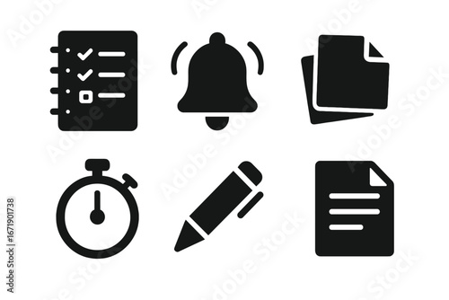 Productivity and time management solid glyph icon set. Business workflow and office tools collection. Includes checklist, alarm bell, timer, document, and pen symbols.