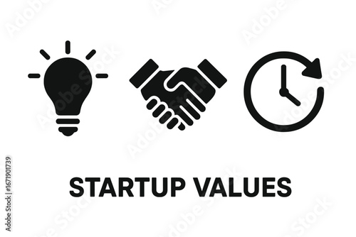 Solid filled vector icons set representing startup culture values including lightbulb idea, teamwork handshake, flexible working hours, innovation, collaboration, and productivity concepts