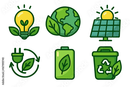 Green energy icon set. Symbols for eco-friendly practices, sustainability, and environmental awareness. Vector cartoon illustrations of solar panel, planet earth, and recycling.