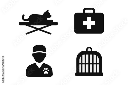 Wildlife rehabilitation icon set with solid filled design including animal stretcher, first-aid box, vet technician, animal cage and rescue tools, vector illustration on transparent background