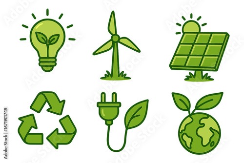 Vector icon set of green energy and ecology. Eco-friendly symbols for sustainability. Solar panel, wind turbine, recycle sign, clean power, lightbulb, planet earth.