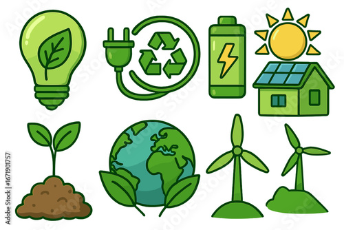 Green energy and ecology icon set. Eco friendly symbols for sustainability, environment and nature. Renewable power sources. Solar panel, wind turbine, recycle, plant. Vector.