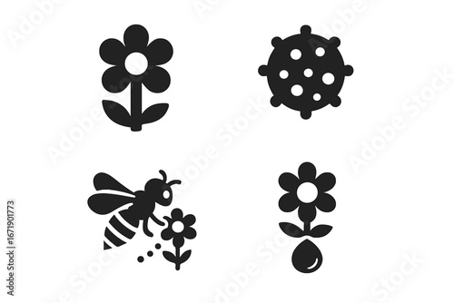 Pollination process solid glyph icon set. Vector symbols of a bee collecting nectar, flower fertilization, pollen grain, and seed formation. Biology, nature, and ecology concept.