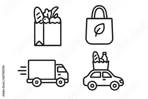 Grocery delivery outline icon set. Food shopping, online order, and eco-friendly bag concepts. Fast courier truck and car delivery. Vector line art illustration for web, app.